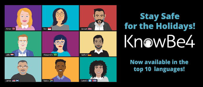 Cartoon graphic of people of various ethnicities in a video call. Image is titled Stay Safe for the Holidays Know Be 4. Now available in 10 languages